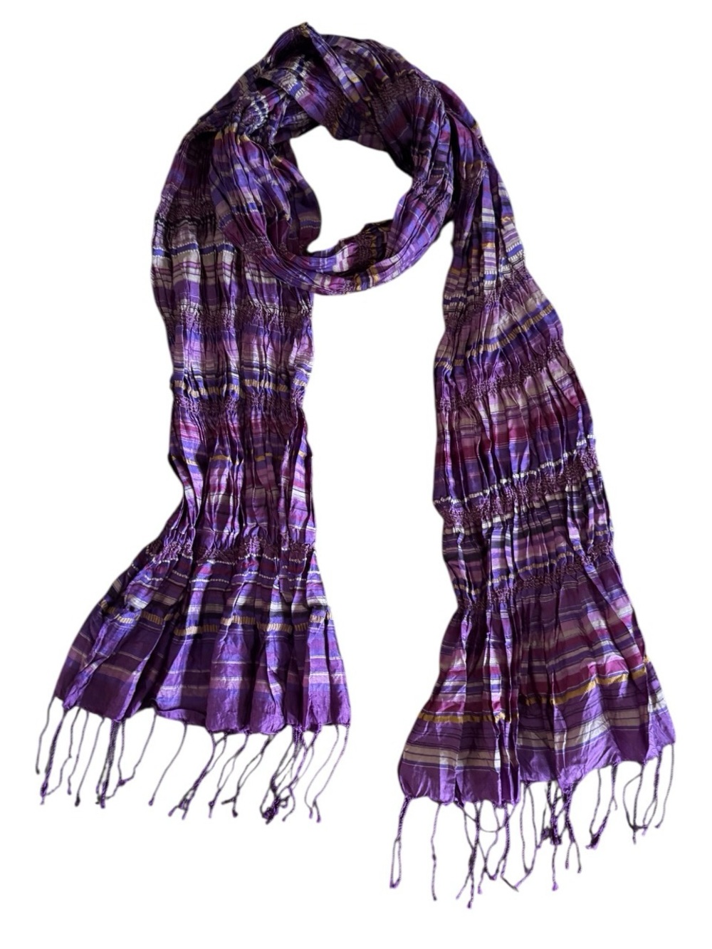 Eileen Fisher Tigly silk scarf ruched puckered purple transitional wrap fringe